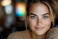 Close up portrait of young Caucasian woman with natural freckles, blue eyes and blonde hair wearing beige sweater, smiling warmly against blurred background.