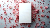 Blank white card surrounded by pink rose petals and small hearts on light background. Romance greeting card mockup for Valentine's Day or wedding invitations.