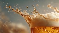 Golden beer splash with foam and droplets against blurred background, showcasing refreshing beverage in motion.