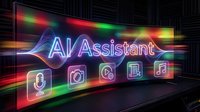 Futuristic neon AI Assistant display with glowing rainbow lights and digital icons in dark tech environment for artificial intelligence presentations.