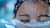 Young Asian woman with closed eyes partially submerged in crystal clear water with water drops and bubbles creating dreamy spa-like atmosphere against turquoise background.