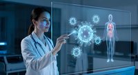 Female doctor analyzing virus structure on futuristic holographic display with human anatomy model in modern medical laboratory for healthcare research.