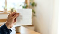 Senior adult male hand holding blank white canvas square in bright home interior with natural window light and potted plants.