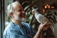 Mature Caucasian male veterinarian with gray beard smiling at white cockatoo parrot perched on his hand in clinic with plants and soft lighting.