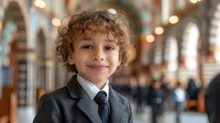 Young boy with curly hair wearing business suit and tie smiles confidently in elegant interior with bokeh lights and arched architecture in background.