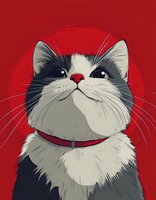 Illustrated gray and white cat with red collar against vibrant red background, stylized portrait with minimalist design for pet-themed projects.