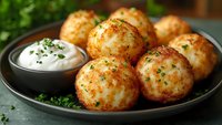 Crispy golden potato croquettes garnished with fresh herbs served on dark plate with creamy white dipping sauce and chopped parsley for appetizer or side dish.