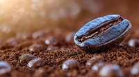 Macro shot of roasted coffee bean on ground coffee powder with soft bokeh background and warm lighting, showcasing rich texture and aroma.