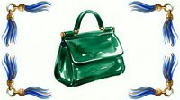 Emerald green patent leather handbag with gold hardware and structured silhouette, surrounded by decorative blue silk tassels with gold accents on white background.