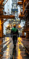 Industrial worker in protective gear walking through illuminated shipyard at dusk, dramatic perspective with wet deck reflections and cargo handling equipment overhead.