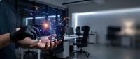 Businessman holding holographic digital network interface with glowing connections in modern office environment for technology presentations.