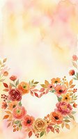 Watercolor floral heart wreath with roses and wildflowers in warm peach, coral and orange tones on soft pastel background.