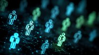 Glowing digital human icons connected by network lines on dark background, representing social connectivity and virtual community.
