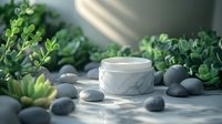 Marble textured cosmetic jar surrounded by smooth gray stones and green succulent plants on light surface with soft shadows. Skincare mockup concept.