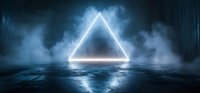 Glowing neon triangle frame hovers over reflective water surface with dramatic fog and moody blue lighting creating futuristic sci-fi atmosphere.