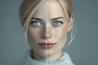 Young blonde woman face split showing before after skin treatment results with freckles removal and complexion improvement for skincare advertising.