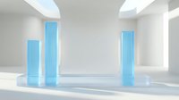 Translucent cyan glass cylinders arranged on reflective floor in minimalist white room with skylights, suitable for product display, cosmetics packaging mockup, or modern interior design concepts.