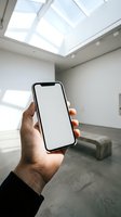 Male hand holding smartphone with blank white screen in modern minimalist living room with skylight for app presentation and digital marketing mockups.