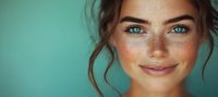 Young Caucasian woman with bright blue eyes, freckles and natural makeup smiling warmly against turquoise background. Brown hair styled in loose updo creates casual elegance.