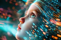Young woman with glowing skin looking up at magical light effects and sparkles against dark background with teal and orange bokeh illumination.