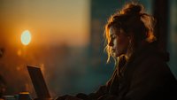 Young blonde woman working on laptop computer during golden hour sunset with warm lighting creating atmospheric workspace ambiance for remote work concepts.