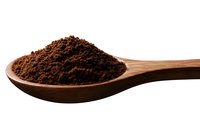 Ground coffee powder in wooden spoon isolated on white background, close up view of fresh roasted arabica coffee grounds for brewing.