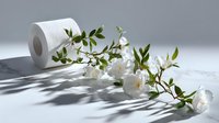 White toilet paper roll with delicate white peony flowers and green leaves casting soft shadows on light surface, creating minimalist composition.