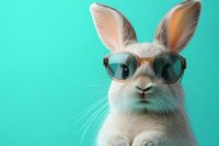 Stylish white rabbit wearing sunglasses on turquoise background, close up portrait of funny bunny face with trendy eyewear looking at camera.