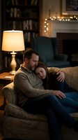 Father and teenage daughter sharing tender moment on living room sofa with warm lamp lighting and cozy home atmosphere for family bonding concepts.