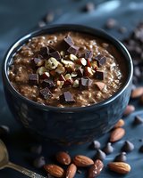 Chocolate overnight oats topped with dark chocolate chunks, almonds and hazelnuts in dark ceramic bowl. Healthy breakfast with scattered nuts and chocolate chips.