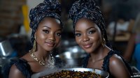 Young African women in traditional head wraps smiling warmly while holding decorative plate with coffee beans, showcasing cultural heritage and hospitality in modern setting.