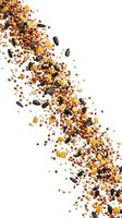 Mixed seeds and grains scattered in dynamic motion on white background, isolated for healthy nutrition and cooking design projects.
