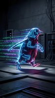Futuristic digital hacker silhouette with glowing neon circuit patterns in cyberpunk server room environment for technology and cybersecurity concepts.