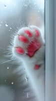 Close-up of cat paw with pink pads pressed against foggy window with water droplets, creating tender and intimate atmosphere.