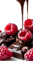 Liquid dark chocolate dripping onto fresh red raspberries and chocolate pieces on white background, macro food photography for dessert and confectionery advertising.