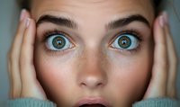 Close up portrait of young woman with striking green eyes and natural makeup holding face in hands, expressing wonder and amazement against blurred background.