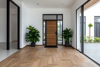 Modern entryway with wooden door, herringbone parquet flooring, potted plants, and large glass windows creating bright, welcoming atmosphere.