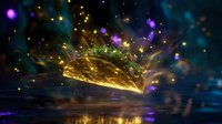 Magical glowing golden leaf floating above water surface with sparkling light effects and purple bokeh against dark background, creating ethereal atmosphere.