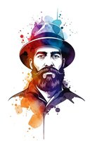Watercolor portrait of bearded man in hat with colorful paint splashes on white background for creative design projects.