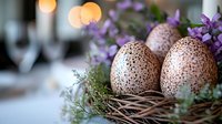 Speckled Easter eggs nestled in wicker basket with purple flowers and greenery for spring holiday decoration and seasonal celebration displays.