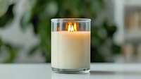 Glowing white scented candle in clear glass container on white surface against blurred green foliage background creates cozy atmosphere for spa and relaxation.