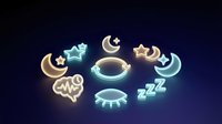 Young woman with fair skin and blonde hair wearing casual sleepwear, surrounded by glowing neon sleep symbols including moons, stars, and ZZZ text on dark background for wellness and rest concepts.