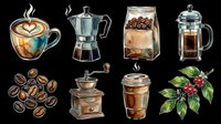 Isolated coffee elements collection featuring steaming cup with latte art, moka pot, coffee beans, grinder, bag, French press, takeaway cup, and cherry branch on transparent background. Ready for t-shirt design, clipart, stickers, sublimation, and print-on-demand projects.