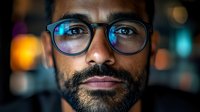 Professional African American man with beard wearing stylish eyeglasses against blurred city lights background for business and technology concepts.