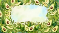 Sliced and whole avocados with green leaves arranged in a decorative frame around a light sky background, suitable for food blogs and healthy eating content.
