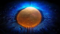 Digital fingerprint scan on circuit board background with glowing orange biometric identification surrounded by blue technology patterns.