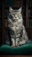 Gray tabby cat with amber eyes sitting on green velvet cushion in cozy library setting with vintage books in background for home decor and pet lifestyle content.