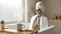 Skeleton wearing white turban and robe seated at wooden desk with coffee mug and succulent plant, bright window background, surreal office setting for creative projects.