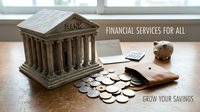 Miniature bank building model with coins and wallet on wooden table representing financial services and savings growth for personal banking concepts.