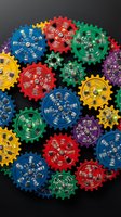 Colorful metallic gears arranged in circular pattern on dark background, representing teamwork, mechanical engineering, and industrial cooperation for business and technology concepts.